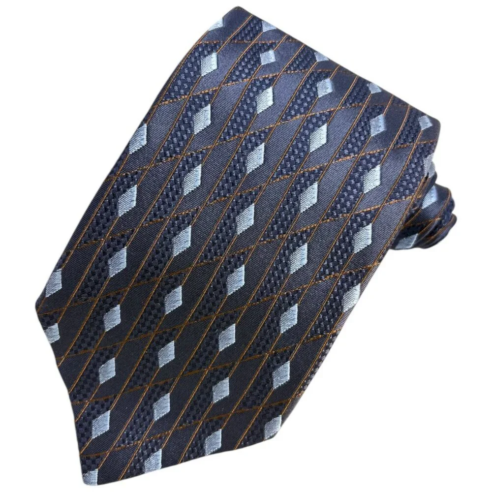 ERMENEGILDO ZEGNA Navy‎ Silk Embroidered Slate Blue Diamond Neck Tie